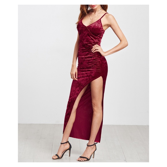 LAST ONE Burgundy Side Slit Velvet Maxi Dress - Picture 4 of 5